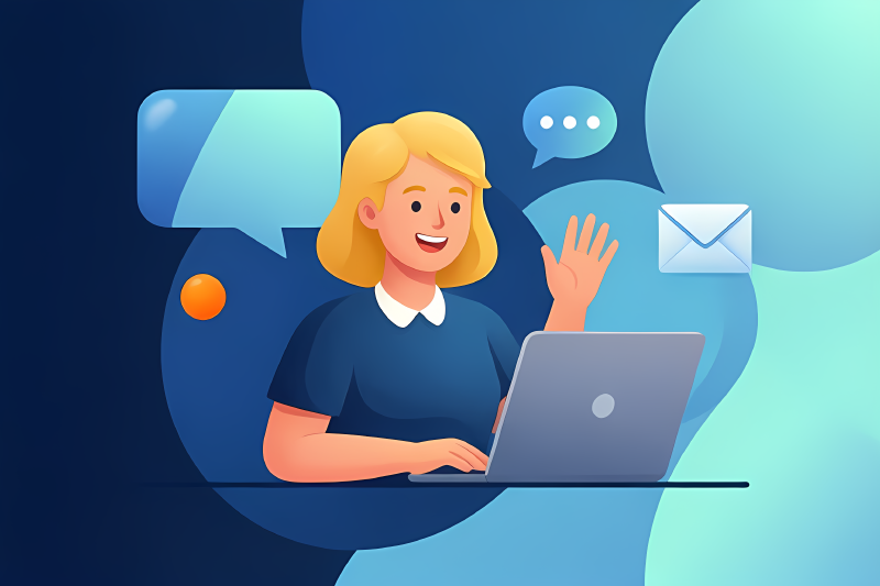 Stylized illustration of a friendly teacher waving from an open laptop