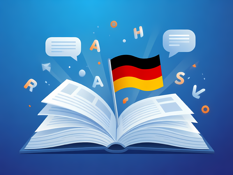 Stylized illustration of an open book with German learning content