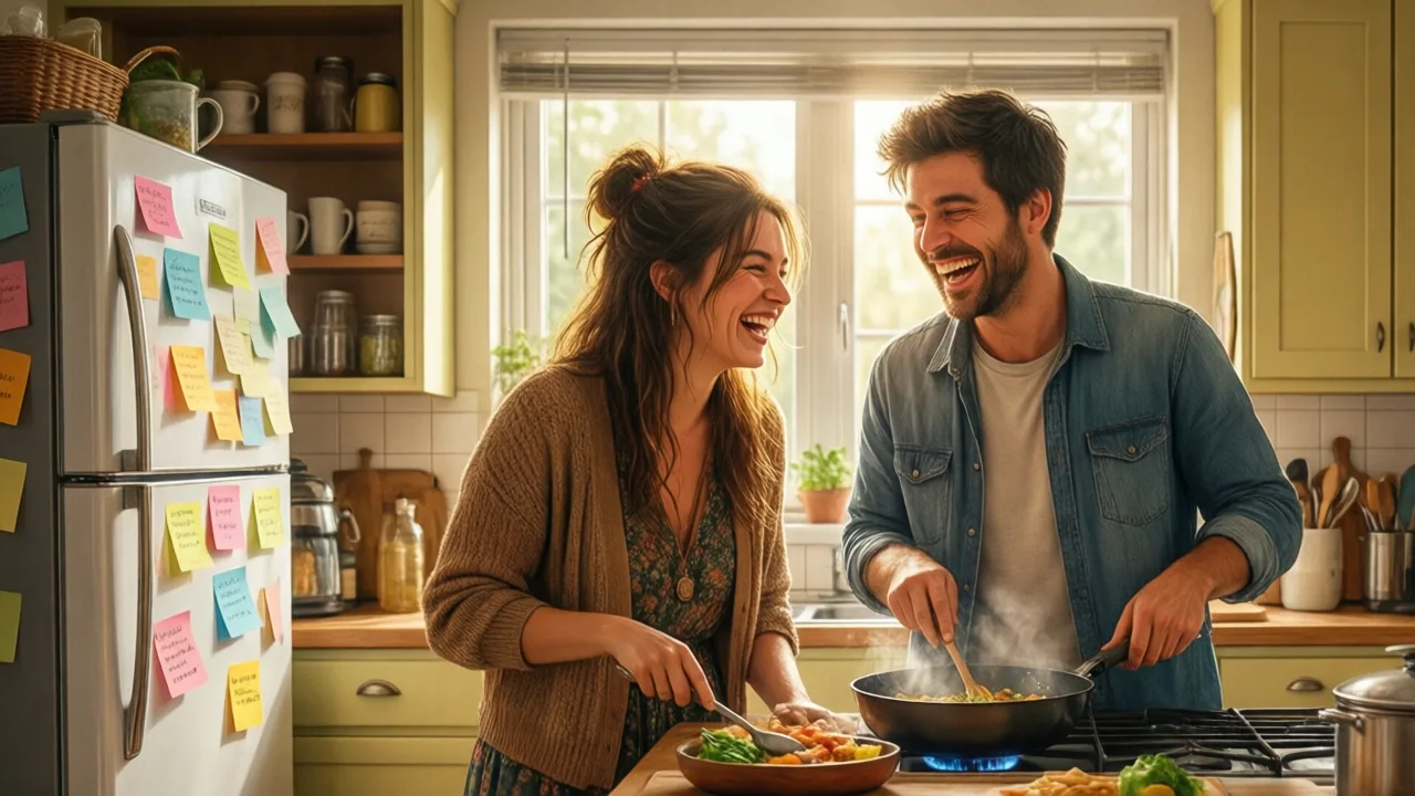 Coppia che cucina ridendo in una cucina piena di foglietti mentre si esercita in tedesco