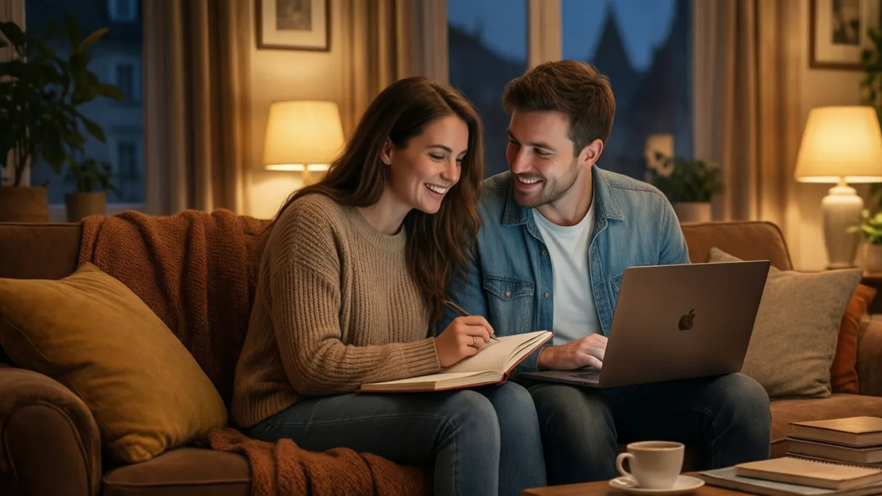 Coppia felice che impara il tedesco insieme sul divano con laptop e quaderni