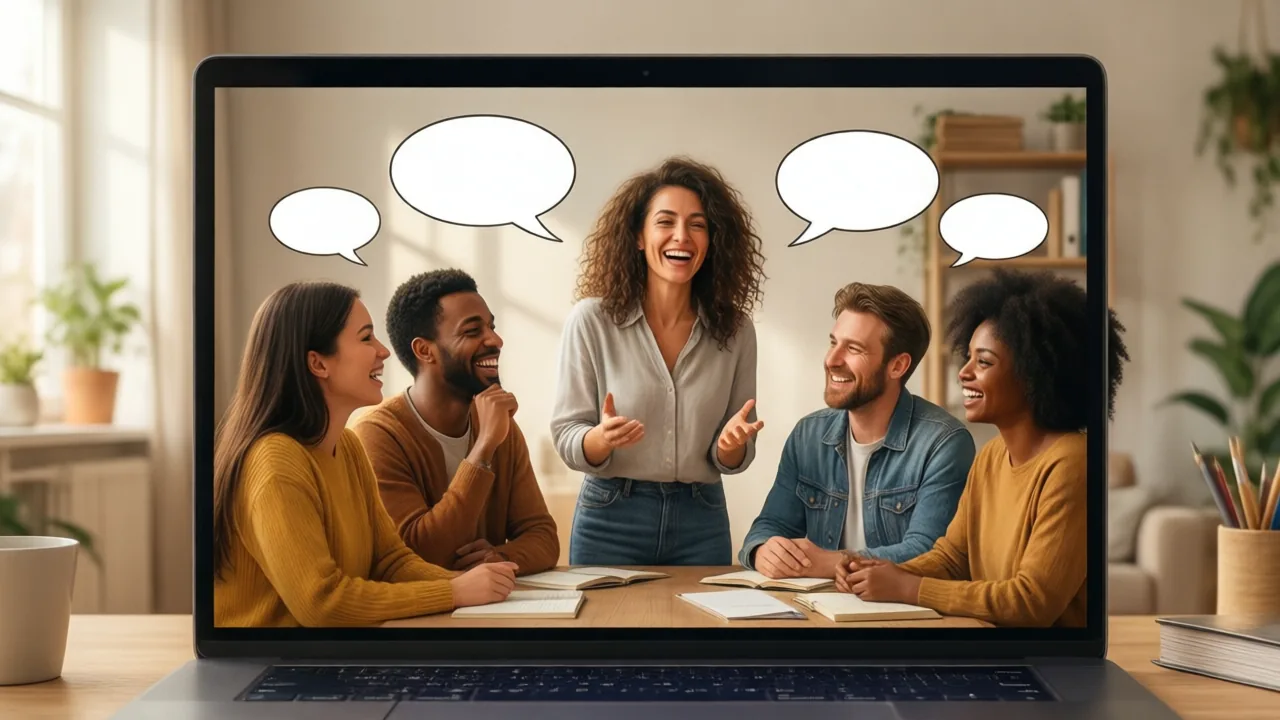 Happy small online German group class with a teacher and students speaking and laughing