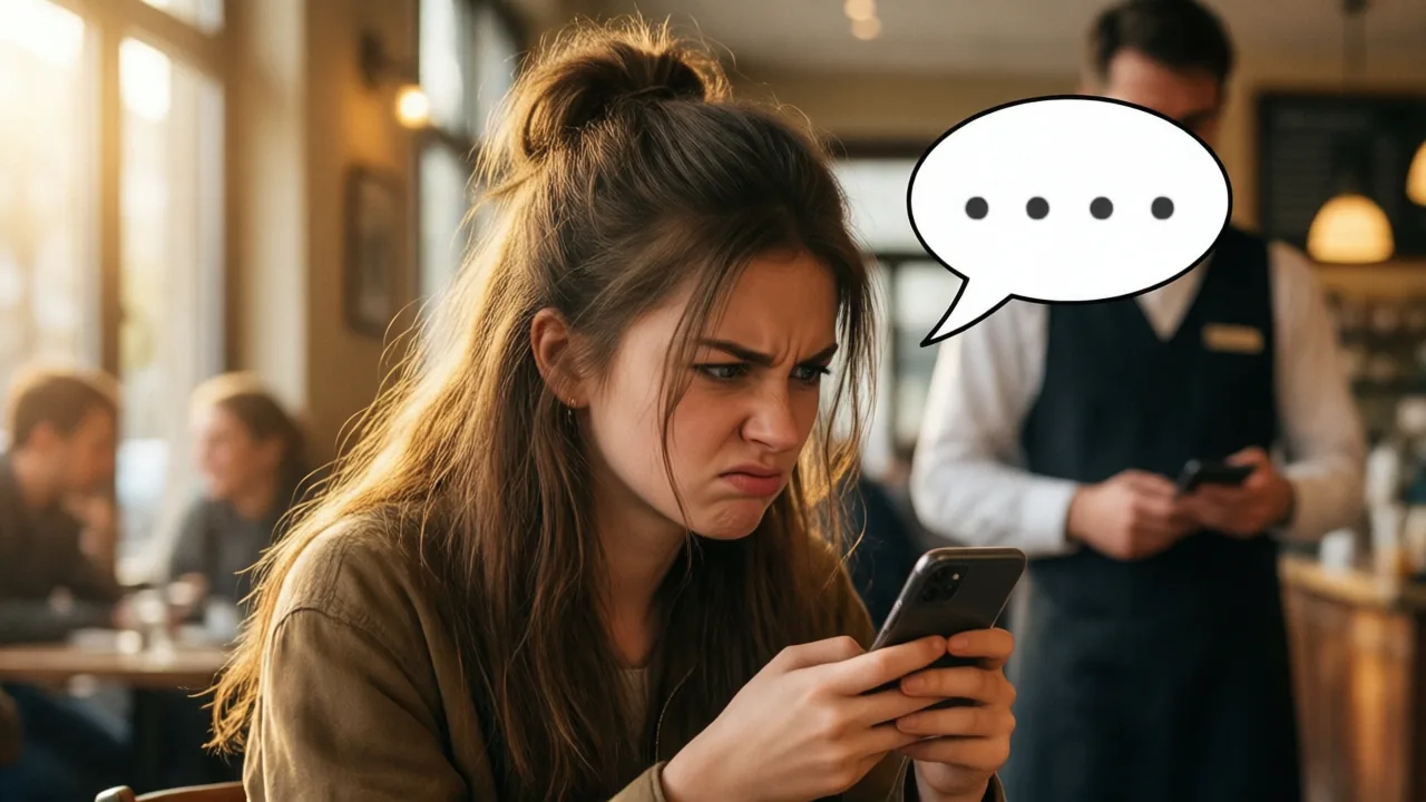Frustrated learner in a Berlin cafe staring at a language app on her phone with an empty speech bubble