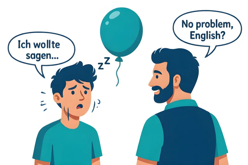 Cartoon of a learner mid-sentence while a shopkeeper switches the conversation to English