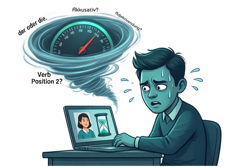Cartoon of a learner overwhelmed by an internal grammar checklist: der or die, Akkusativ, verb position
