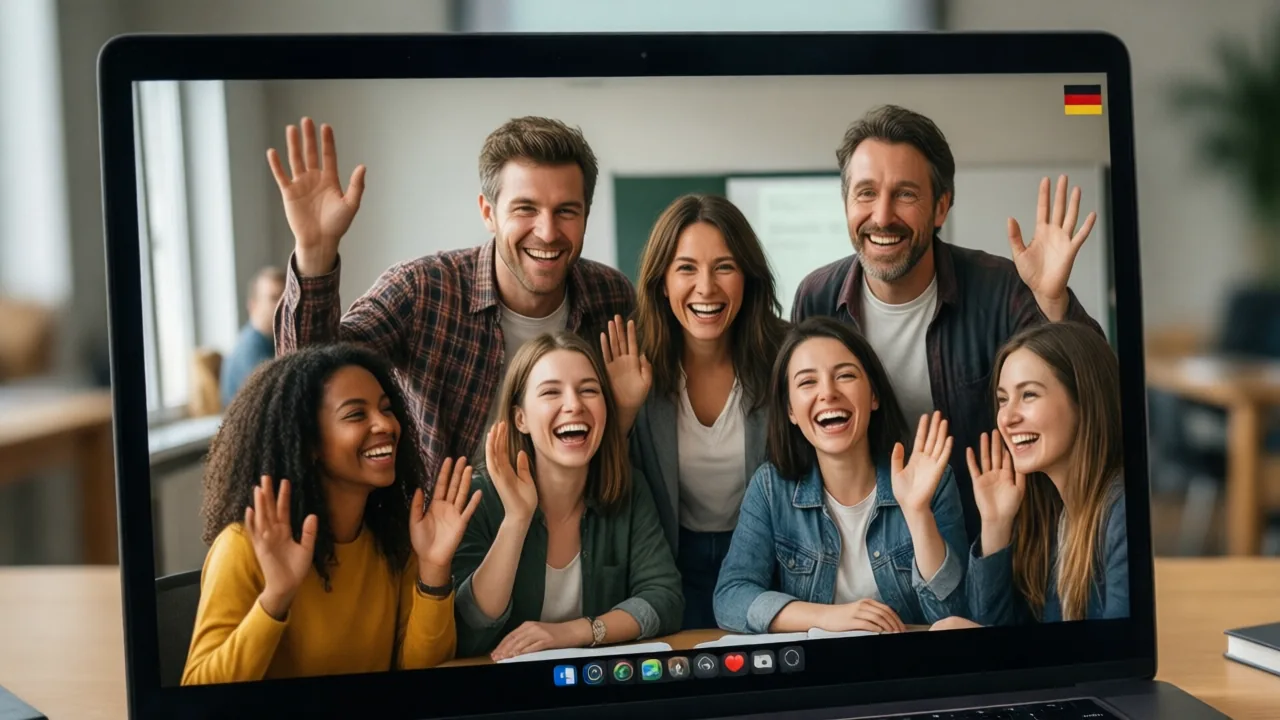 Happy students celebrating with their teacher in a small online German group class