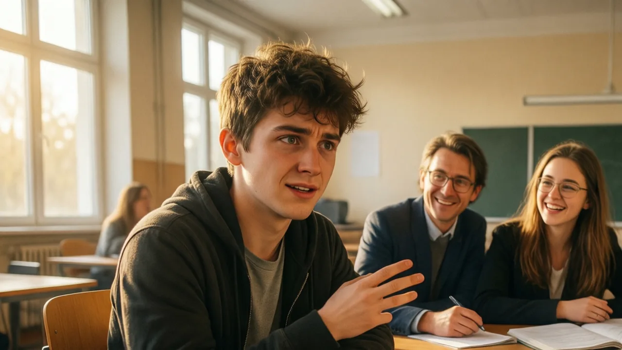 Student speaking confidently in a bright friendly Goethe exam room with two smiling examiners
