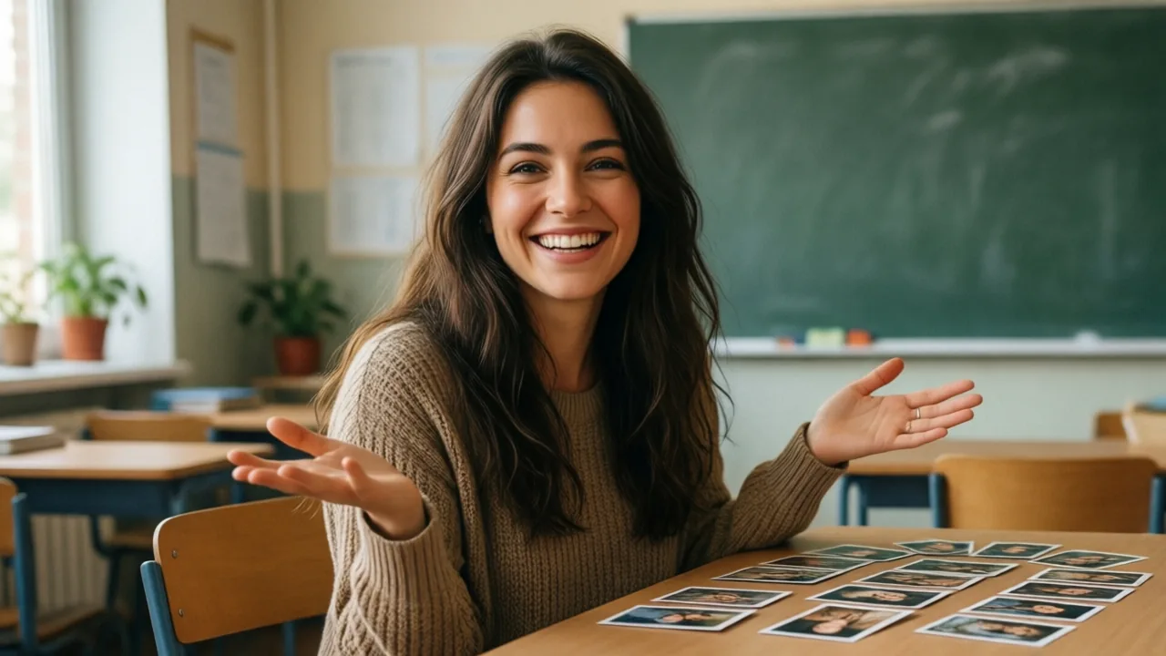 Student introducing herself with picture cards on the table in a small classroom