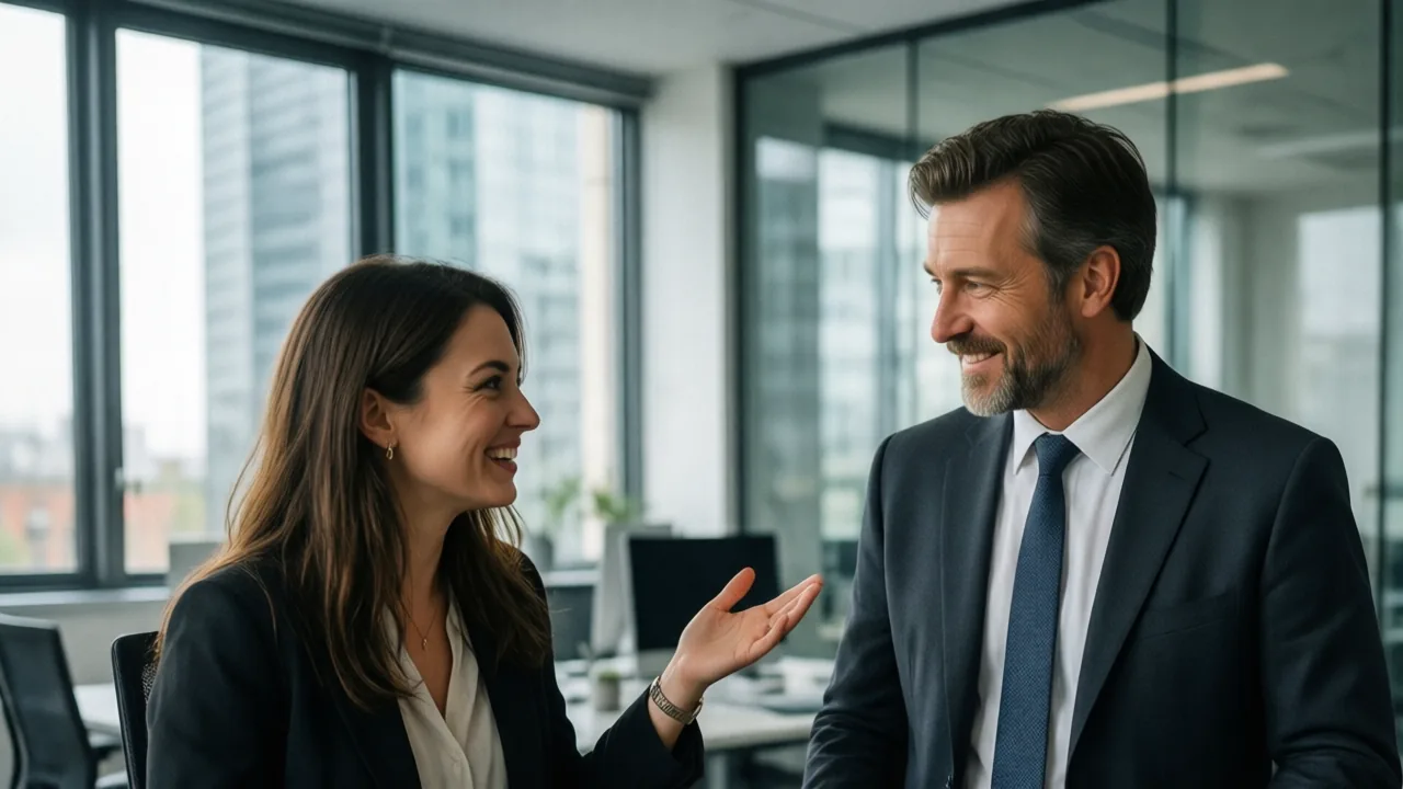 Young professional politely talking with her German boss in a bright Berlin office