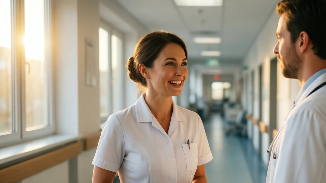 Smiling nurse talking with a doctor colleague in a bright modern German hospital corridor