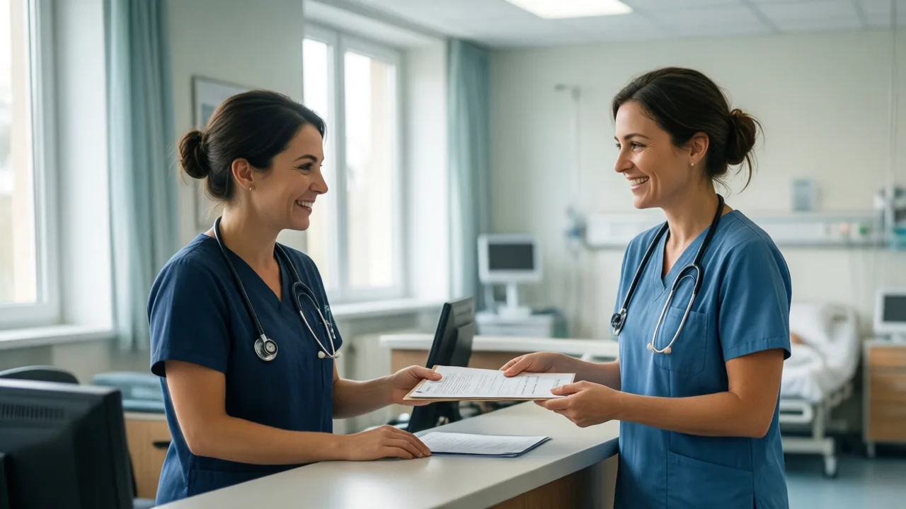 Two nurses smiling during handover at a hospital nurse station, one handing over a patient chart