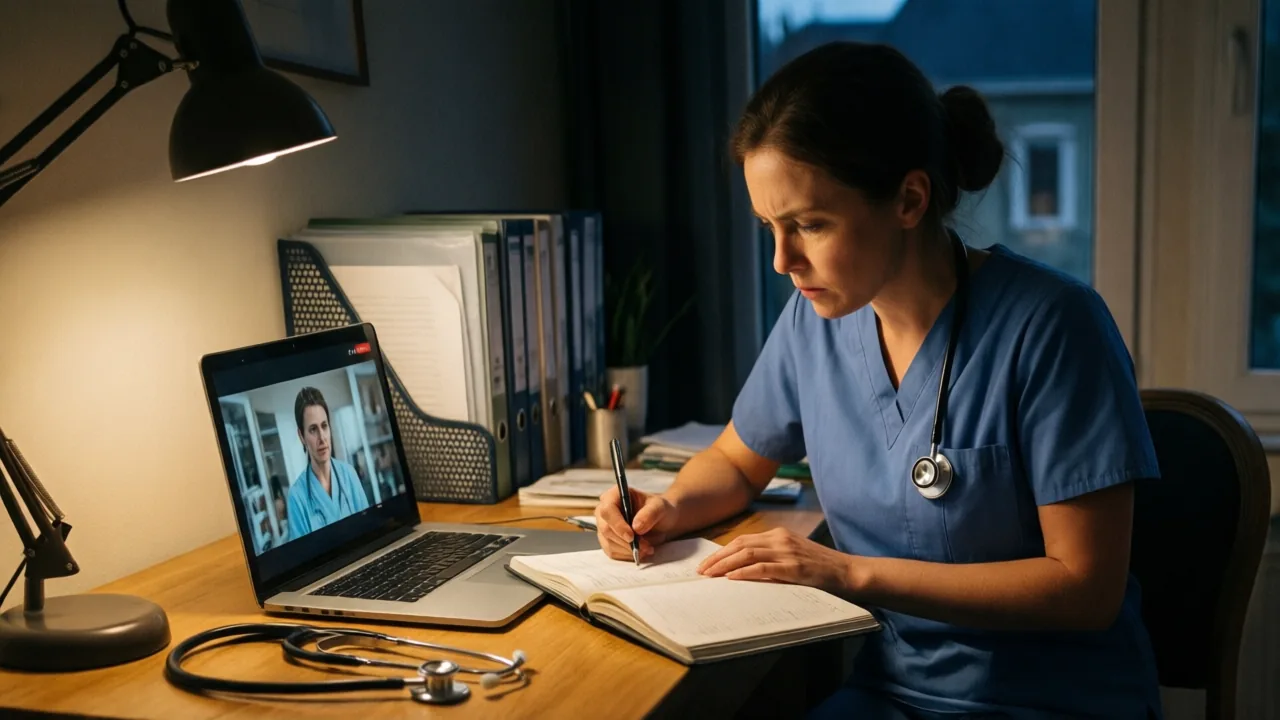 Nurse studying medical German at home with laptop video lesson, notebook and stethoscope